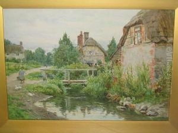 Village Scene With Brook, Geese And Maid Fetching Water - view 1