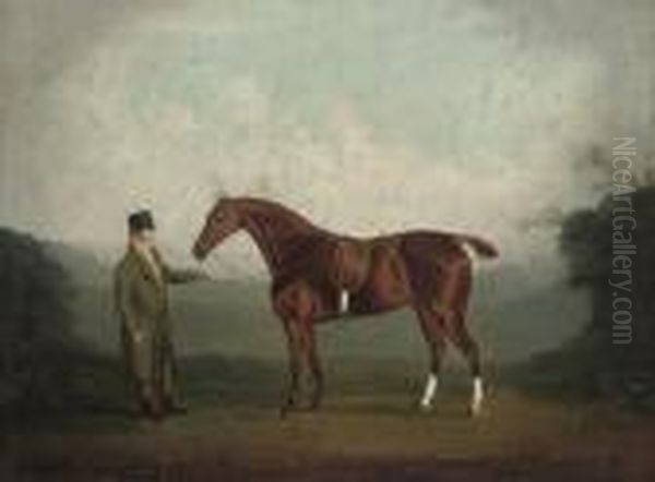 A Bay Hunter Held By A Gentleman In A Landscape - view 1