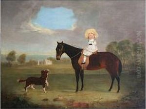 Young Boy Seated On Horse, Before A Landscape