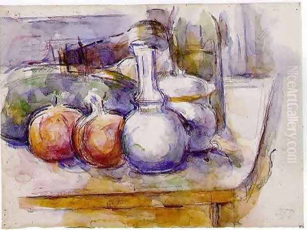 Still Life With Carafe Sugar Bowl Bottle Pommegranates And Watermelon - view 1