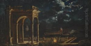 A Moonlit Architectural Capriccio On A Mediterranean Coast, Shipping Beyond