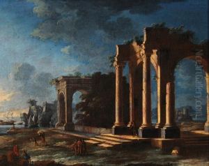 Capricio Architettonico Con Figure Sullo Sfondo Di Una Marina Con Imbarcazioni by Leonardo Coccorant
