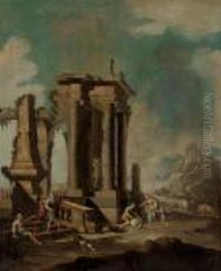 A Coastal Landscape With Figures By Classical Ruins by Leonardo Coccorant