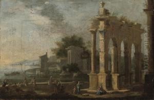 A Coastal Landscape With Figures By Classical Ruins by Leonardo Coccorant