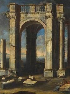 A Capriccio View With Ruins, Figures In The Foreground And The Sea Beyond