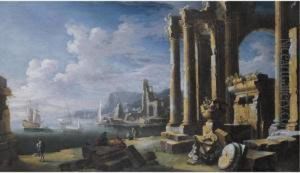 A Capriccio Of Architectural Ruins With A Seascape Beyond by Leonardo Coccorant