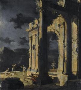 Architectural Capriccio With 
Figures Amongst Ruins Under A Stormy Night Sky by Leonardo Coccorant