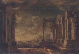 A Capriccio Of A Mediterranean Port With Classical Ruins Andshipping by Leonardo Coccorant