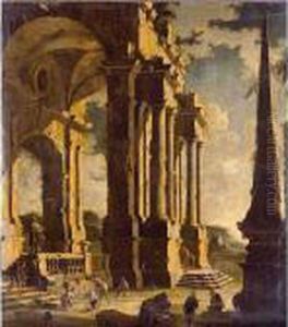 A Capriccio Of Classical Ruins With Figures by Leonardo Coccorant
