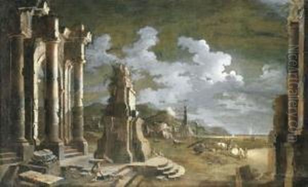 Figures Amongst Ruins In A Moonlit Mediterranean Port - view 1