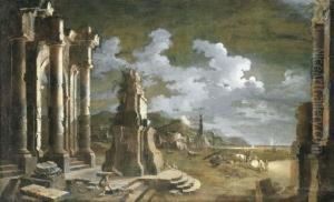 Figures Amongst Ruins In A Moonlit Mediterranean Port