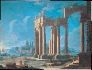 Rovine Architettoniche Con Figure Ed Un Paesaggio Marino Nello Sfondo by Leonardo Coccorant