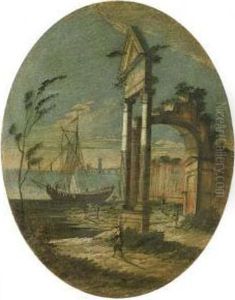 Quattro Capricci Architettonici Con Astanti Vari Ed Una Marina Mediterranea Sullo Sfondo