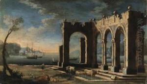 A Capriccio Of Architectural 
Ruins With A Dutch Frigate And Othershipping In A Bay Beyond
