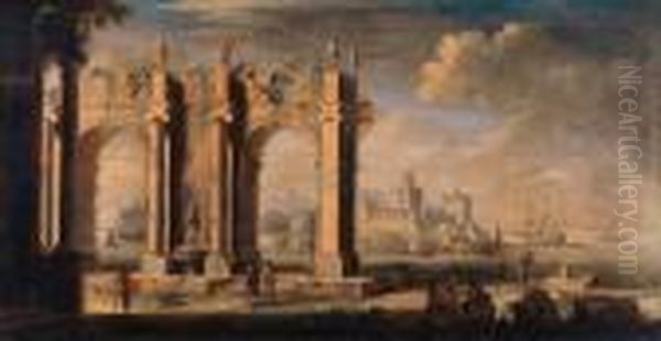 Figures Amongst Classical Ruins, A Port Beyond - view 1