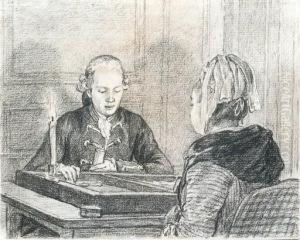 A Seated Couple, The Lady Seen From Behind, Playing Backgammon Bycandlelight