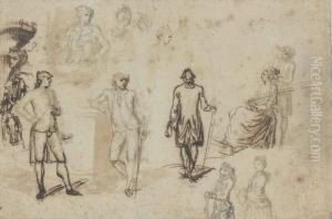 Une Feuille D'etudes D'hommes Et De Femmes Lavis Brun
