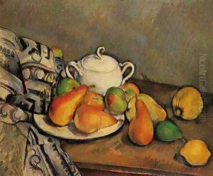 Sugarbowl Pears And Tablecloth by Paul Cezanne