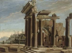A Capriccio Of Classical Ruins With A Town Beyond