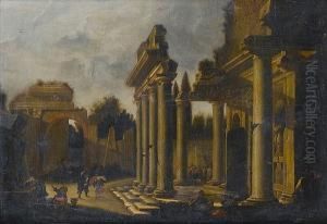 Two Women Drawing Water From A Well Before Ruins