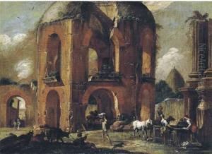 Roma, Veduta Fantastica Del Tempio Di Minerva Medica, Con Unabbeveratoio E Astanti
