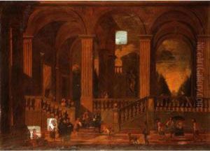 Architectural Capriccio Of The Interior Of A Palace With Elegant Company Promenading by Nicolo Viviani Codazzi