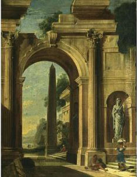 An Architectural Capriccio Of A
Classical Building With An Obelisk, With A Beggar And A Washerwoman On
The Stairs And A View Of A Temple Beyond - view 1