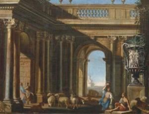 An Architectural Capriccio With Figures Conversing By A Classicalroman Vase by Domenico (Micco Spadaro) Gargiulo