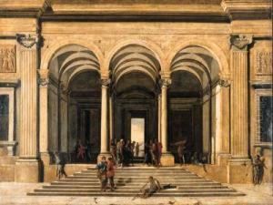 A Classical Loggia With Christ And The Woman Taken Inadultery by Domenico (Micco Spadaro) Gargiulo