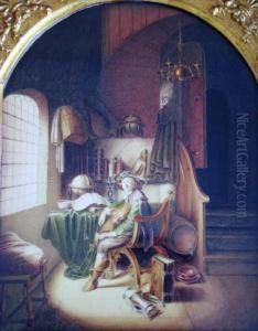 Interior Scene With A Gentleman Holding A Viola 
Watercolour And Pencil
