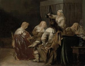 An Interior With Elegant Company Eating And Drinking by Pieter Codde
