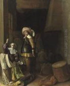 A Soldier In A Guardroom, With A Girl Holding Up A Pearl Necklace
