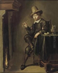 A Young Man Smoking A Pipe Near A Fireplace