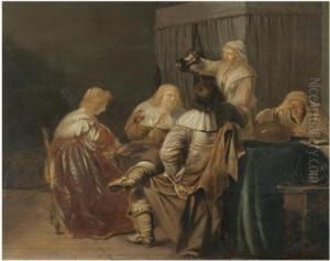 A Brothel Scene With Elegant 
Figures At A Table, A Maid Pouring Drinks And An Elderly Lady Counting 
Money
