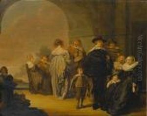 An Elegant Company On A Terrace, An Arch Opening To A Landscape Beyond
