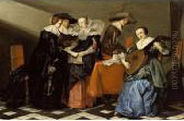 An Interior With A Lady Playing A Lute And Elegant Figures Singing Around A Table - view 1