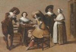An Elegant Company Drinking And Playing Backgammon In An Interior by Pieter Codde