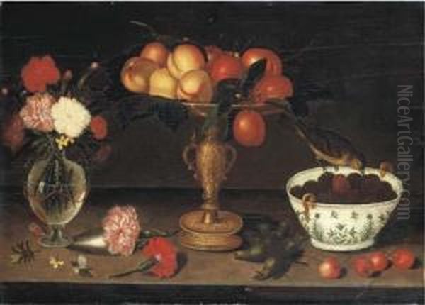 Peaches And Plums In A Tazza And
A Finch Eating Blackberries From Aporcelain Bowl With Gilt Handles And A
Facon-de-venise Vase Withcarnations And Wallflowers, On A Ledge With
Cherries, Seedheads,pine Needles And A Butterfly - view 1