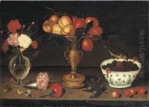 Peaches And Plums In A Tazza And
A Finch Eating Blackberries From Aporcelain Bowl With Gilt Handles And A
Facon-de-venise Vase Withcarnations And Wallflowers, On A Ledge With
Cherries, Seedheads,pine Needles And A Butterfly by Francesco Codino