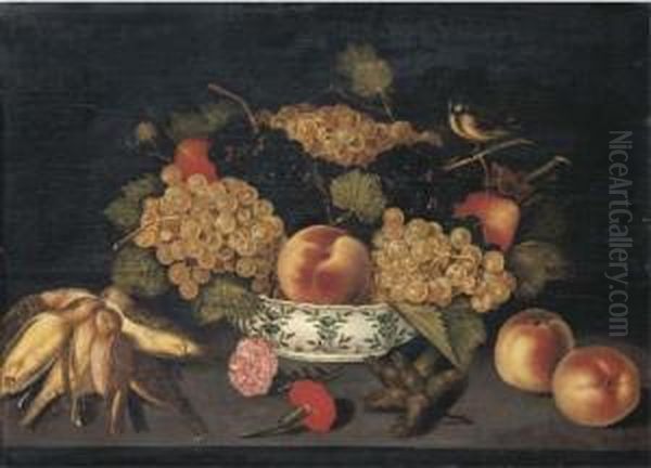 Pears, A Peach And Grapes With A
Bluetit In A Porcelain Bowl On Aledge With Dead Finches, Carnation
Heads, Seedheads, Andpeaches - view 1