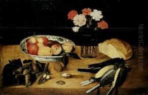 Fruchtestilleben Mit Nelkenstrauss, Toten Vogeln Und Brotlaib. by Francesco Codino