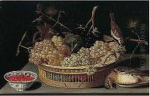 A Still Life Of A Basket Of 
Grapes, With A Sparrow And A Thrush And Fraises-de-bois In A 
Blue-and-white Porcelain Bowl Upon A Table Top