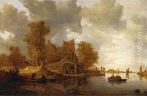 River Landscape With A Village And A Ferry-boat