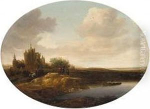 River Landscape With A Horse-drawn Cart And Figures On A Bank, A Fisherman Nearby by Jan Coelenbier