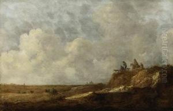 An Extensive Landscape With Peasants On A Sandy Bluff, A Church Inthe Distance - view 1