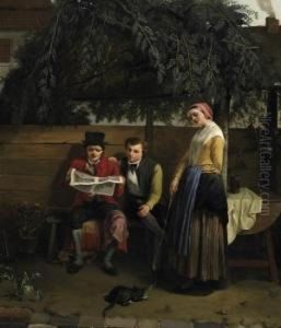 Reading The Newspaper In The Arbour. Signed To The Right On The Table Leg: C. Coene by Constantin Fidele Coene