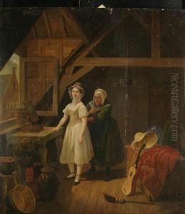 An Interior Scene With A Maid Sewing A Lady Into A Corset by Constantin Fidele Coene