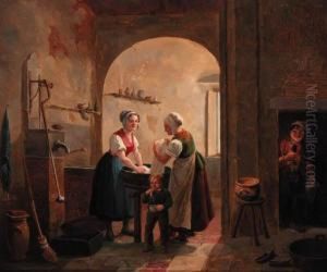 Washerwomen In A Sunlit Basement With A Young Boy Blowingbubbles