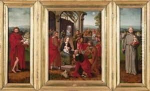 Triptychon. Mittelbild: Die
Anbetung Der Konige. Innenseite Der Seitenflugel: Johannes Der
Taufertriptychon. Mittelbild: Die
Anbetung Der Konige. Innenseite Der Seitenflugel: Johannes Der
Taufer Bzw. Der Hl. Antonius. Ausenseite Der
Seitenflugel by Marcellus Coffermans