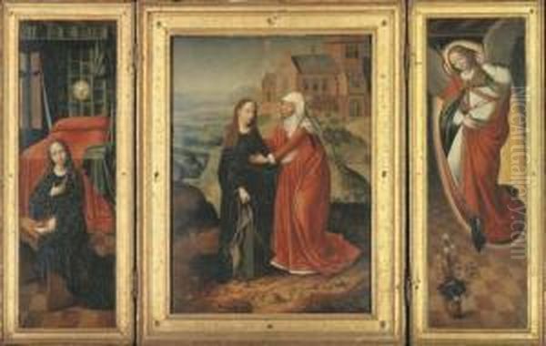 A Triptych: Central Panel: The
Visitation; Left Wing: The Virgin Annunciate; Right Wing: The Angel Of
The Annunciation by Marcellus Coffermans